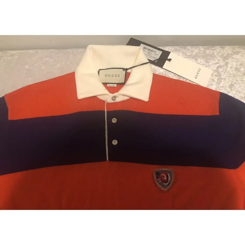 Gucci Blue/Orange Striped Wolf-Patch Oversized Wool Polo Sweater Size S $1200.00